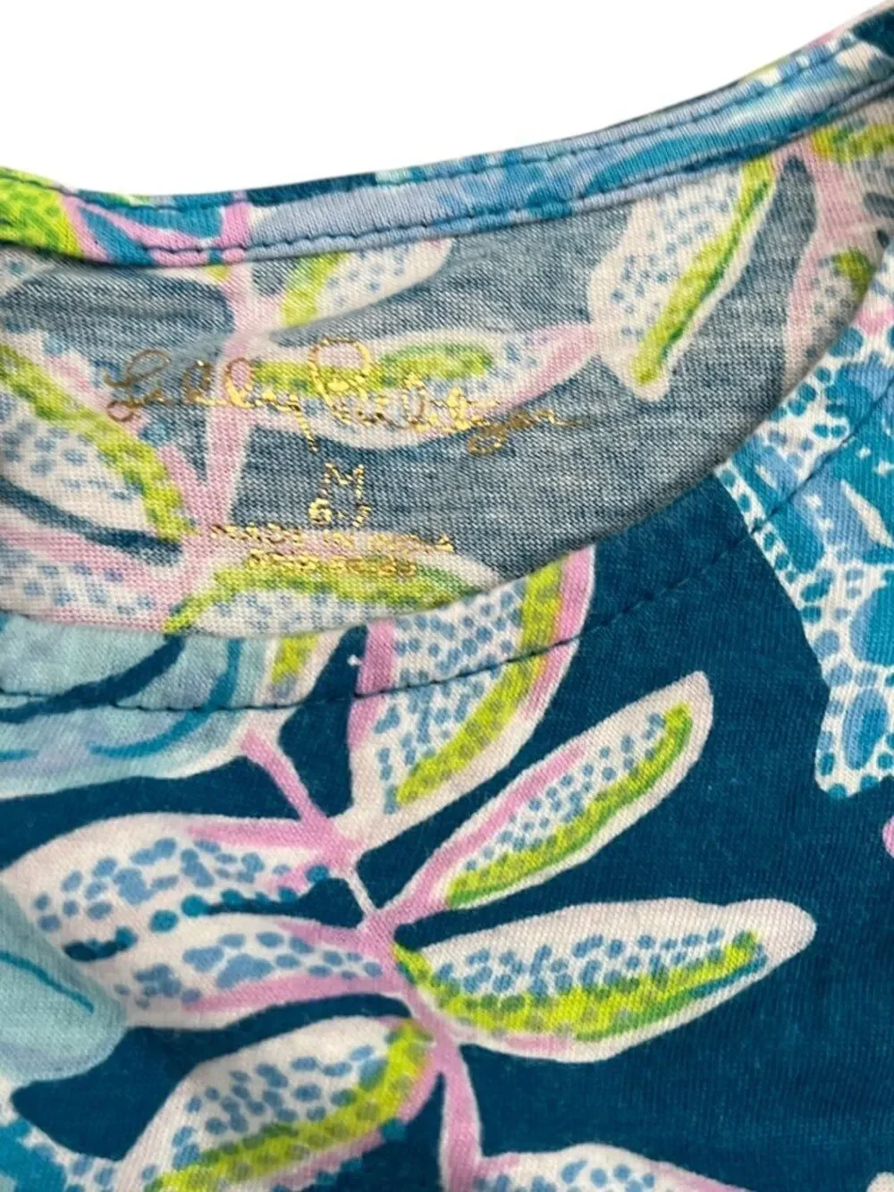 Lilly Pulitzer Girls Blue Tropical Summer Floral Romper Ruffle Shoulder Size 6-7